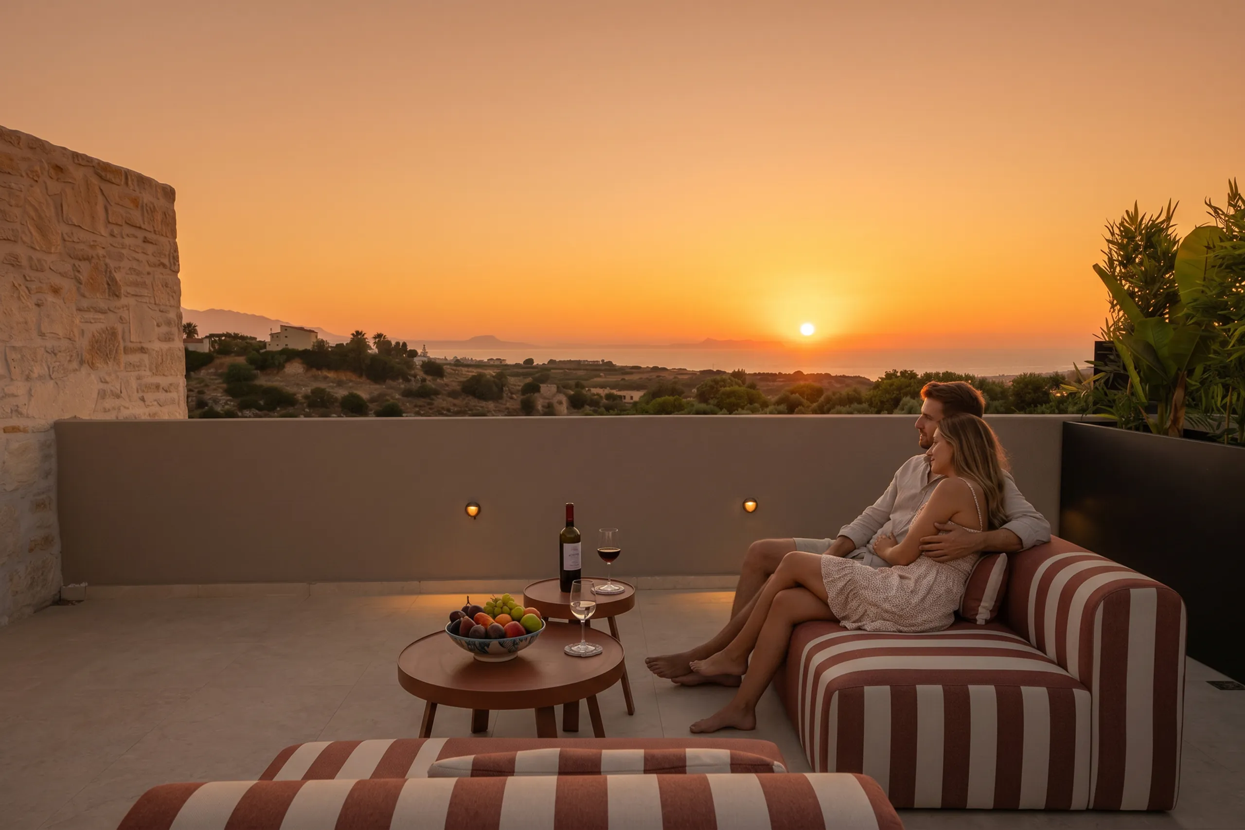 A guest relaxing on Right Crete's private veranda at sunset